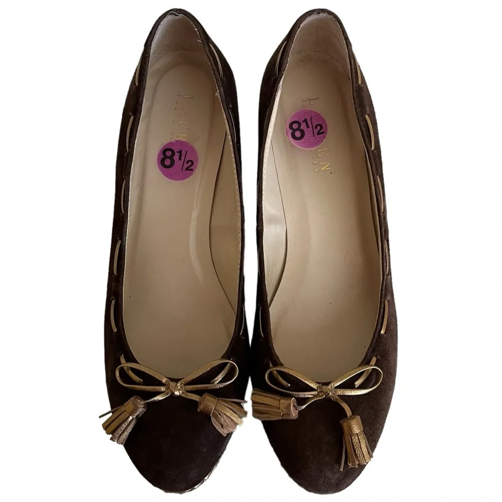 Lauren Ralph Lauren Cambree Brown Suede with Gold Wedge Heels & Tassels NEW